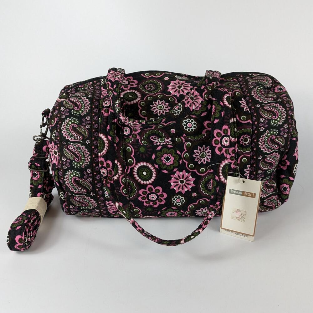 Madam Rosa Quilted Duffle Tote Bag Pocket Pink Brown Retro Inspired Floral Purse